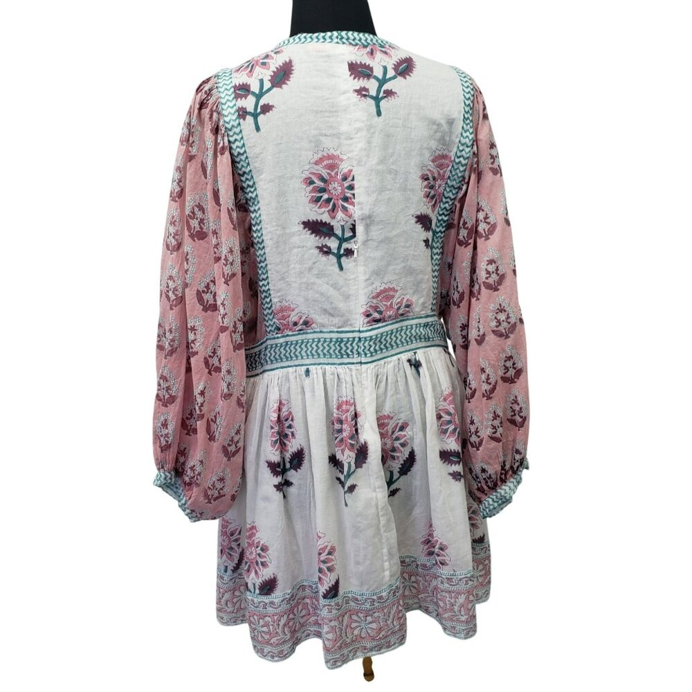Oliphant Tie Front Balloon Sleeve Dress Pink Teal White Boho Block Print Floral - Picture 3 of 15